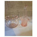 Vintage pink depression glass rose bowl vase and basket vase
