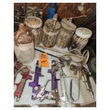 Paint-mixing tools, jars, and several pneumatic paint spray guns