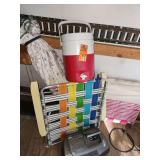 Cooler, sun chairs, table umbrella and stereo