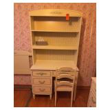 AI Overview        This appears to be a vintage French Provincial style cream-colored wooden student desk with a matching hutch and chair side stand & dresser with mirror