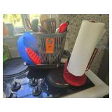 Miscellaneous cooking utensils, paper towel holder, trivets, microwave shield and baking pan