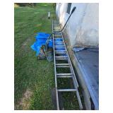 Aluminum extension ladder, tarps and snow shovel