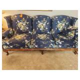 Vintage navy blue floral-print sofa and loveseat