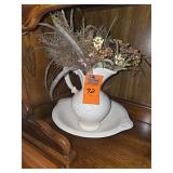 Water pitcher and basin decor with artificial flowers