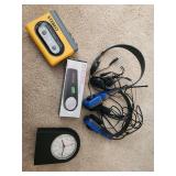 Walkman, desk clock, magnifier headphones