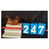 AMBER COLORED GLASS HEN ON NEST