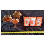 2 BOWLS & COMPOTE MARIGOLD CARNIVAL GLASS