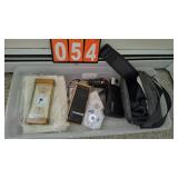 BOX OF VINTAGE CAMERAS, WALLETS & MISC.