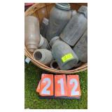 BASKET OF OLD FRUIT JARS & MILK BOTTLES