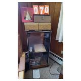 STEREO CABINET, CASH BOX, VHS TAPES, LENOX TREE