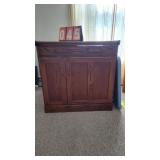 OAK CABINET/DESK WITH CONTENTS