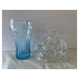 Clear Coca-Cola Figurine & a Blue Coke Glass