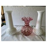 2 Milk Glass Vases and 1 Pink Vase