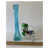 Blue Swung Vase & Glass Basket w/ colored eggs