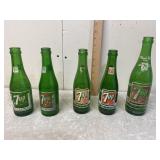5 Vintage 7 Up Soda Bottles
