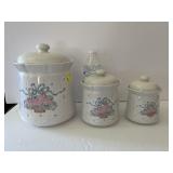 Vintage 3 pc Ceramic Pink Rose Basket Canisters