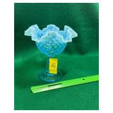 Fenton blue opalescent hobnail compote
