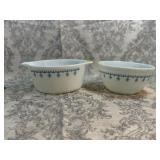 2-Pyrex blue garland mixing bowl/caserole dish