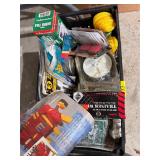 Box of misc casters, rope, fill valve etc
