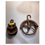 2 antique well pulleys