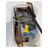 Chain, nuts, screws, drill bits, square, file