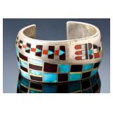 Heavy Zuni Multistone Inlay Sterling Silver Cuff Bracelet Signed MD Heavy Zuni Multistone Inlay Sterling Silver Cuff Bracelet Signed MD