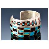 Heavy Zuni Multistone Inlay Sterling Silver Cuff Bracelet Signed MD Heavy Zuni Multistone Inlay Sterling Silver Cuff Bracelet Signed MD