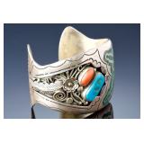 Vintage Navajo Sterling Silver Peyote Bird Turquoise Coral Chip Inlay Cuff Vintage Navajo Sterling Silver Peyote Bird Turquoise Coral Chip Inlay Cuff