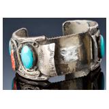 Vintage Navajo Sterling Silver Turquoise Coral Watch Cuff Bracelet 108g Vintage Navajo Sterling Silver Turquoise Coral Watch Cuff Bracelet 108g
