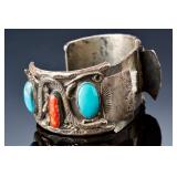 Vintage Navajo Sterling Silver Turquoise Coral Watch Cuff Bracelet 108g Vintage Navajo Sterling Silver Turquoise Coral Watch Cuff Bracelet 108g