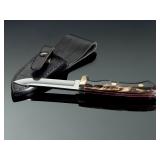 Jim Ort OZ Custom Knives Buffalo Horn Hunting Knife - Unused, Sheath Jim Ort OZ Custom Knives Buffalo Horn Hunting Knife - Unused, Sheath