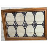 Antique Leaded Glass Panel w/ Cast Iron Grille in Wood Frame, 29.5x21in Antique Leaded Glass Panel w/ Cast Iron Grille in Wood Frame, 29.5x21in
