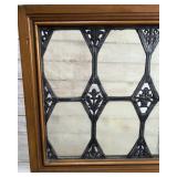 Antique Leaded Glass Panel w/ Cast Iron Grille in Wood Frame, 29.5x21in Antique Leaded Glass Panel w/ Cast Iron Grille in Wood Frame, 29.5x21in