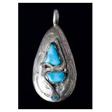 Zuni Effie Calavaza Silver Turquoise Snake Teardrop Pendant Native American Zuni Effie Calavaza Silver Turquoise Snake Teardrop Pendant Native American