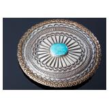 Signed M Navajo Sterling Silver & Turquoise Conch Belt Buckle Native American Signed M Navajo Sterling Silver & Turquoise Conch Belt Buckle Native American