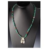 Southwestern Native American Turquoise Inlay Necklace, MOP Pendant Southwestern Native American Turquoise Inlay Necklace, MOP Pendant