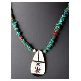 Southwestern Native American Turquoise Inlay Necklace, MOP Pendant Southwestern Native American Turquoise Inlay Necklace, MOP Pendant
