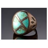 Vintage Native American Turquoise Inlay Ring, Handmade Sterling Silver, Size 7.25 Vintage Native American Turquoise Inlay Ring, Handmade Sterling Silver, Size 7.25