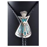 Vintage Native American Turquoise Coral Chip Inlay TeePee Bolo Tie Vintage Native American Turquoise Coral Chip Inlay TeePee Bolo Tie