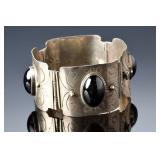 Vintage Mexican Sterling Silver & Onyx Hinged Panel Bracelet, 7in, 55.43g Vintage Mexican Sterling Silver & Onyx Hinged Panel Bracelet, 7in, 55.43g