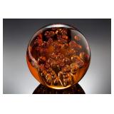 Large Heavy Amber Glass Controlled Bubble Orb Sculpture Paperweight Large Heavy Amber Glass Controlled Bubble Orb Sculpture Paperweight