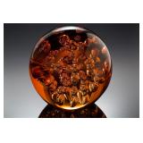 Large Heavy Amber Glass Controlled Bubble Orb Sculpture Paperweight Large Heavy Amber Glass Controlled Bubble Orb Sculpture Paperweight