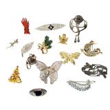 Lot of 15 Vintage Brooches: Sterling, Gold-Tone, Art Nouveau, Deco, Figural Lot of 15 Vintage Brooches: Sterling, Gold-Tone, Art Nouveau, Deco, Figural