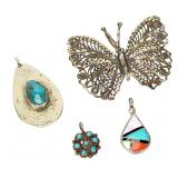 Lot of 4 Vintage Southwest Pendants: Sterling Silver, Turquoise, Inlay, Filigree Lot of 4 Vintage Southwest Pendants: Sterling Silver, Turquoise, Inlay, Filigree