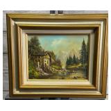 Signed Moser Original Oil Painting, Alpine Water Mill Landscape, Framed Art Signed Moser Original Oil Painting, Alpine Water Mill Landscape, Framed Art