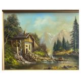 Signed Moser Original Oil Painting, Alpine Water Mill Landscape, Framed Art Signed Moser Original Oil Painting, Alpine Water Mill Landscape, Framed Art