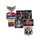 Lot of 8 Embossed Metal Garage Signs: Harley-Davidson, Camaro, Route 66 Lot of 8 Embossed Metal Garage Signs: Harley-Davidson, Camaro, Route 66