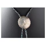 Vintage Native American Style Concho Bolo Tie with Braided Leather Cord Vintage Native American Style Concho Bolo Tie with Braided Leather Cord