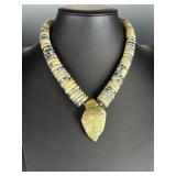 Native American Serpentine Disc Necklace Sterling Silver Carved Pendant