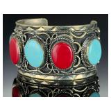 Vintage Mexican Silver Turquoise Coral Cuff Bracelet Hecho En Mexico SS 82g